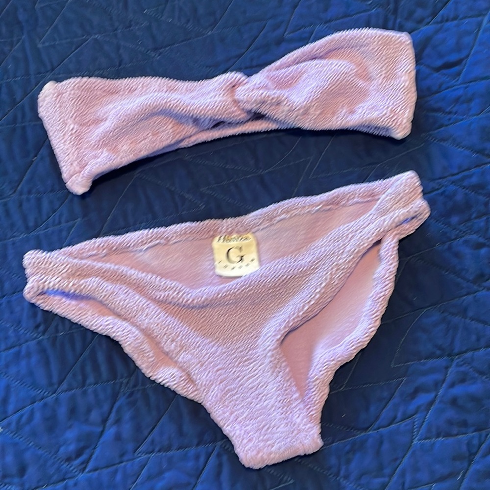 Hunza G purple two piece bathing suit. One size fits all.